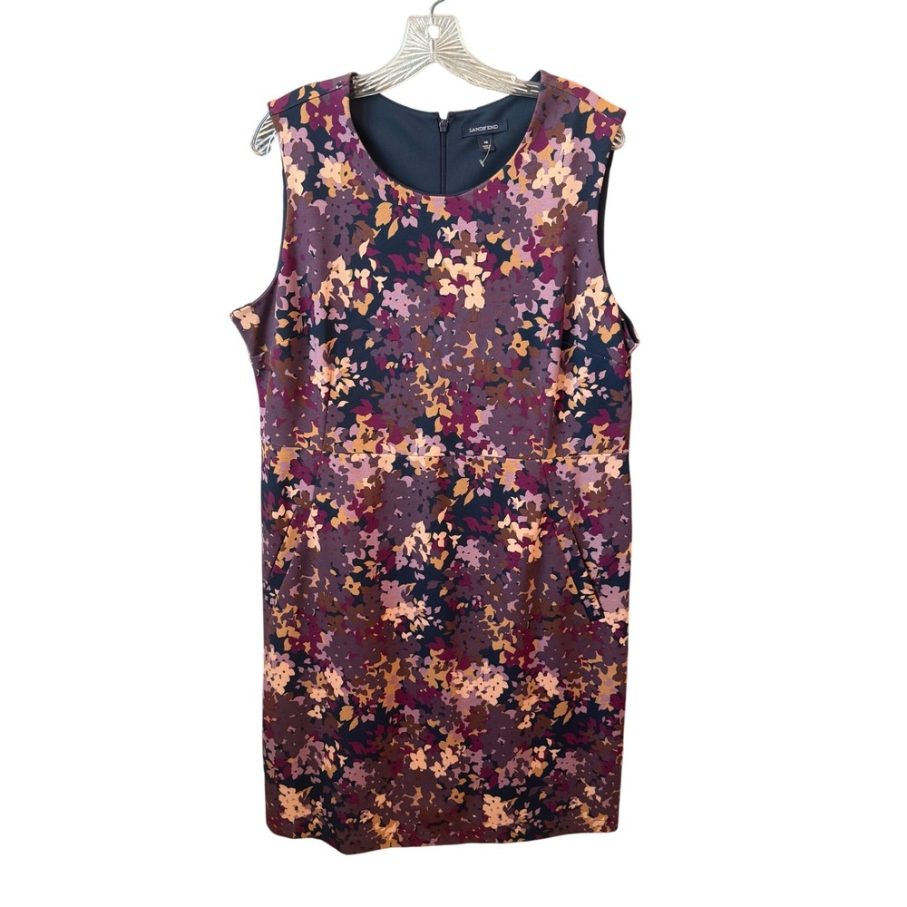 Lands End Sheath Dress Womens Purple Floral Sleeveless Pockets Classic 18 - Picture 2 of 6